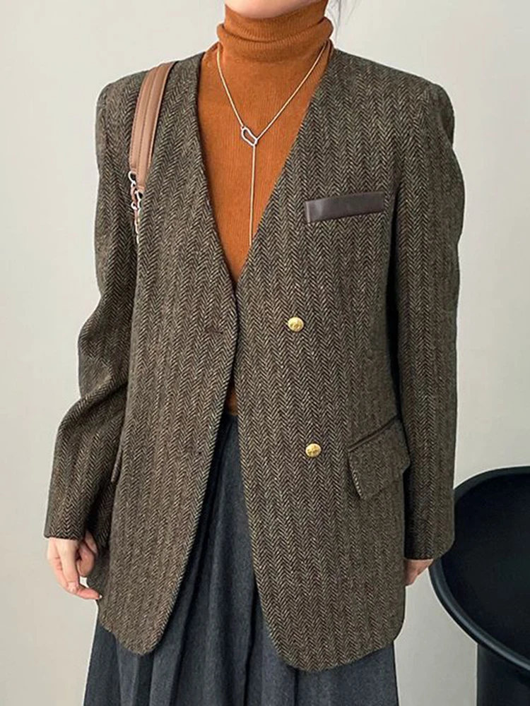 YERMORA Coffee Spliced Pu Leather Blazer For Women V-neck Long Sleeve Fashion Loose Fit Button Jacket Spring Autumn 2024 New