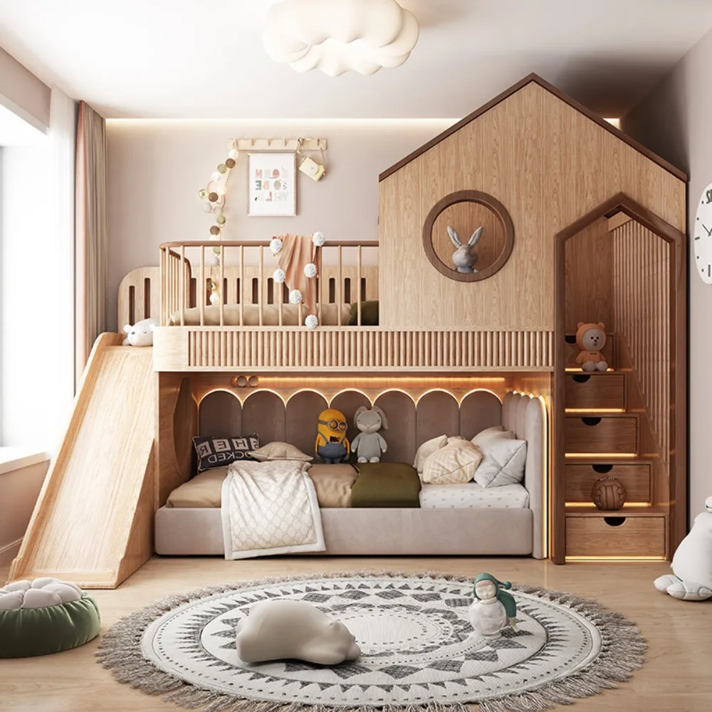 Custom Loft Bunk for Kids Room Duplex 2nd Floor Treehouse Bunk Space Saving Twin Over Twin Bunk for Whole House Furniture