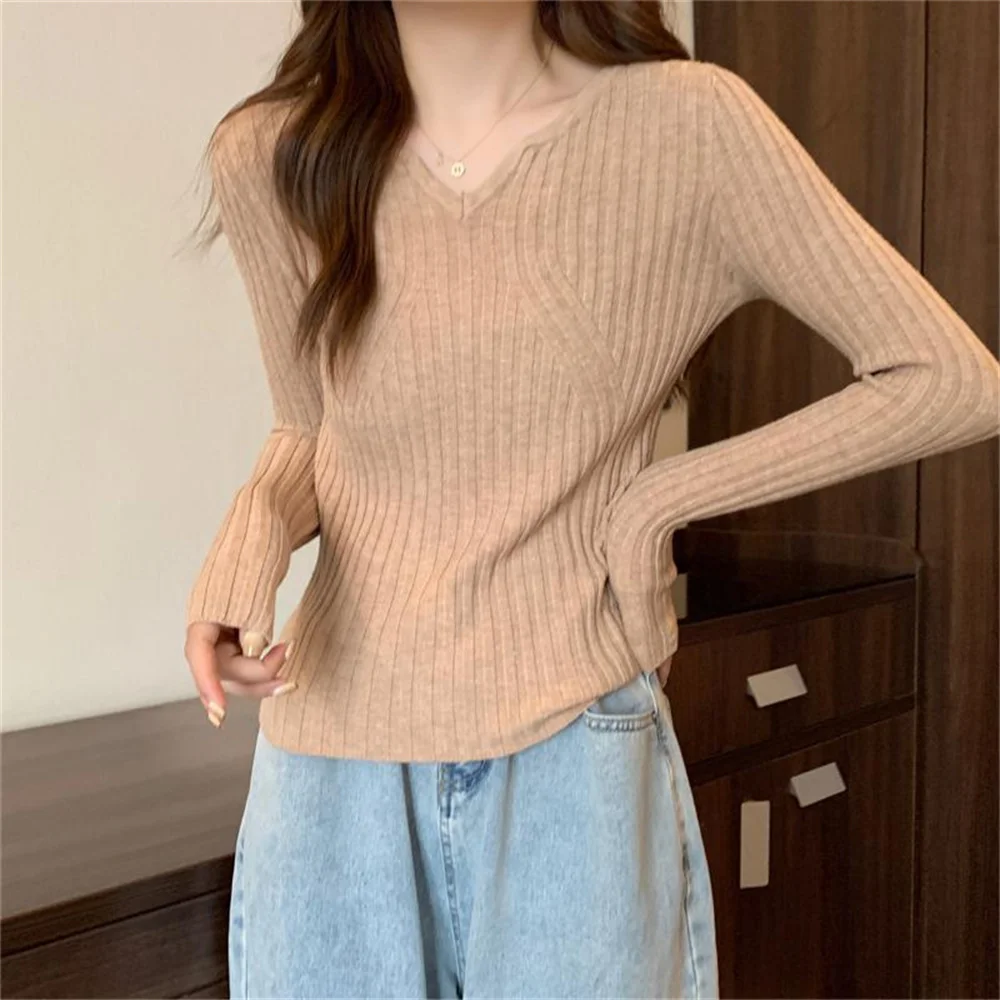 2026 Autumn Winter Korean Style New Elegant Solid Casual Slim Knit Pullovers Gray V-neck Basic Knitted Sweater Long Sleeve Tops