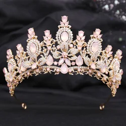 Luxury Pink Opal Royal Queen Wedding Crown Rhinestone Crystal Bridal Diadem Pageant Headdress Bride Tiara Hair Jewelry Accessory