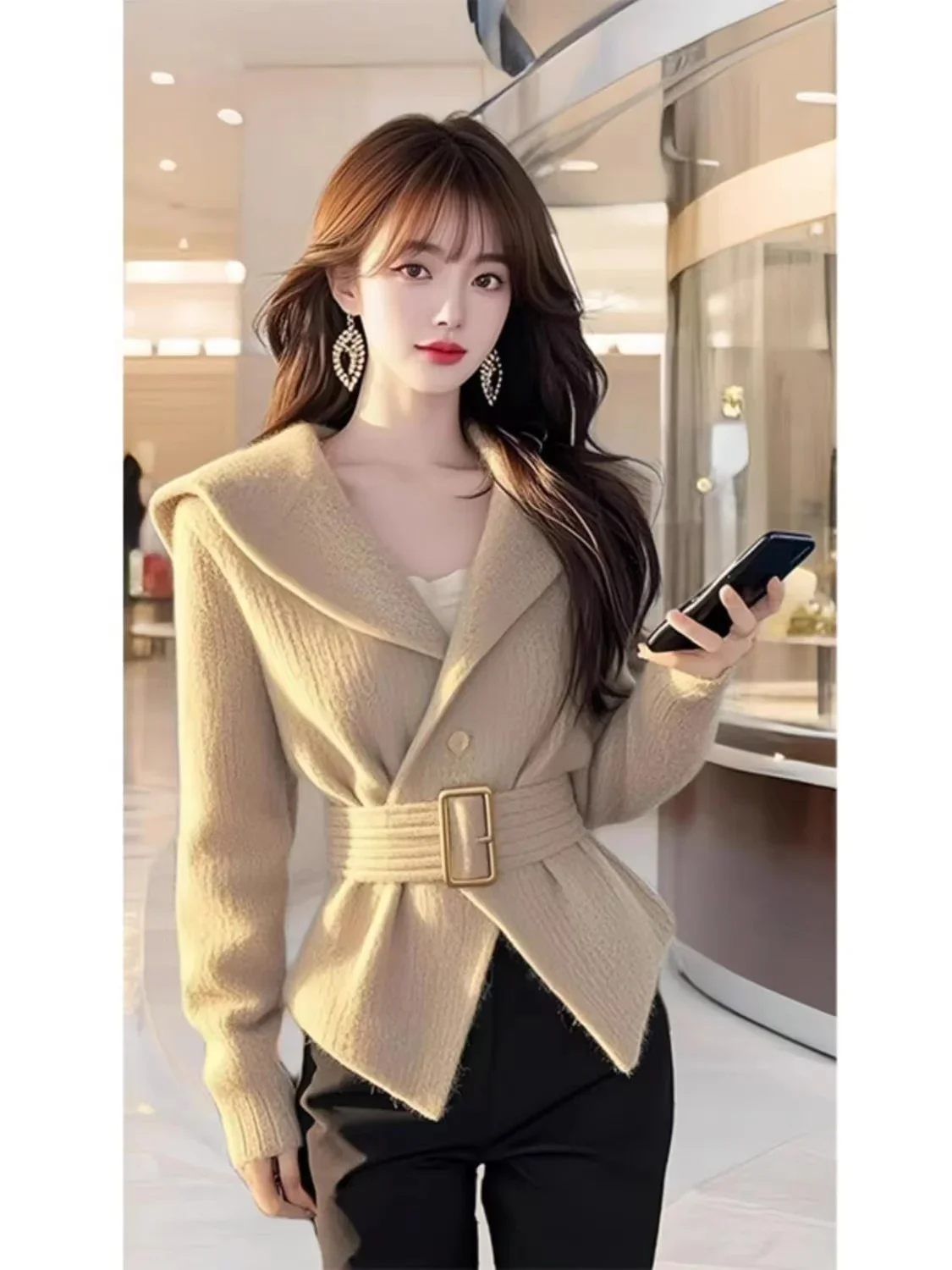 

Faionable Knitted Waist-Cinching Outerwear Chic Sle Long Sve Ele Design Commuting Sle Loose Fit Winter Jaet JJ894