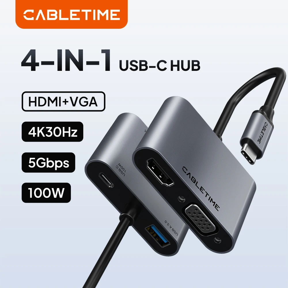 CABLETIME 4 IN 1 USB C to VGA Hub 4K HDMI Adapter 5Gbps 4K@30Hz Transmission Speed for Monitor Macbook pro Matebook X Nintendo