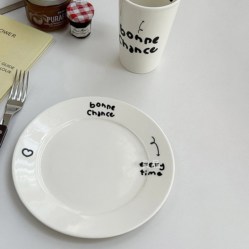 

European Style Ceramic Hand-held Cups Hand Painted Letters Western Foods Round Plates Household Afternoon Tea Coffee Mug