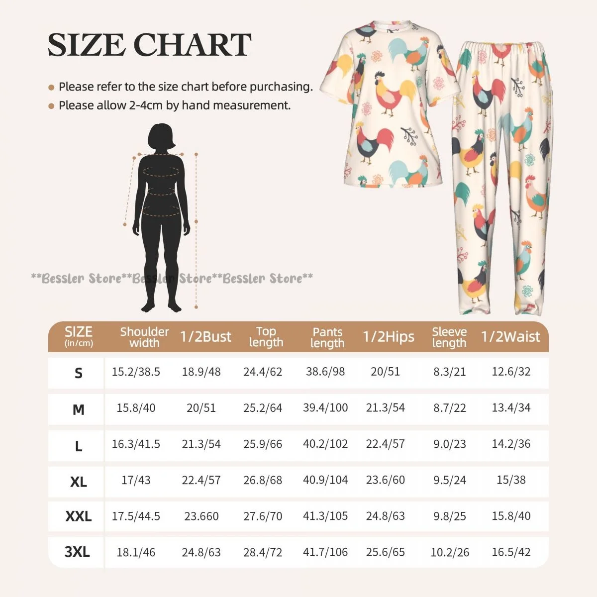Women's Comfort Pajamas Women's Beautiful Roosters Branches And Flowers Background Short Sleeve Set Sleepwear view 6