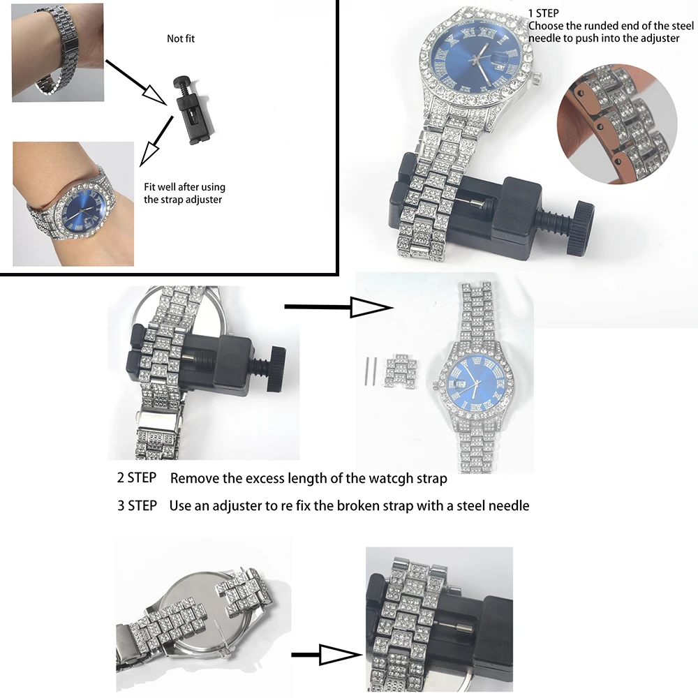 2-teiliges Hip-Hop-Punk-Uhrenset mit Diamantbesatz, runde Luxus-Herrenuhr, glänzendes Schmuckgeschenk mit Armbandversteller für Damen, Alltagskleidung – Detail 2