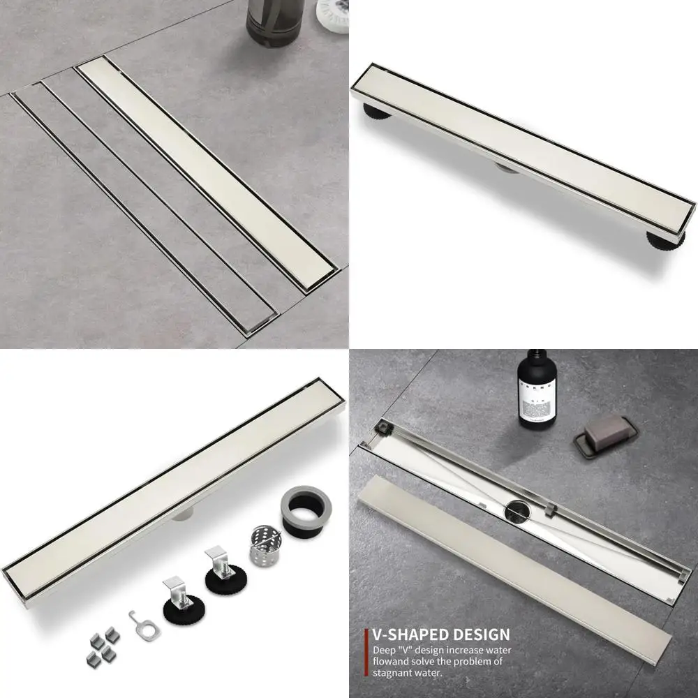 Desagüe de ducha rectangular de acero inoxidable, 32 pulgadas, acabado cepillado, cubierta con patrón de azulejo Reversible, diseño lineal para suelo de ducha