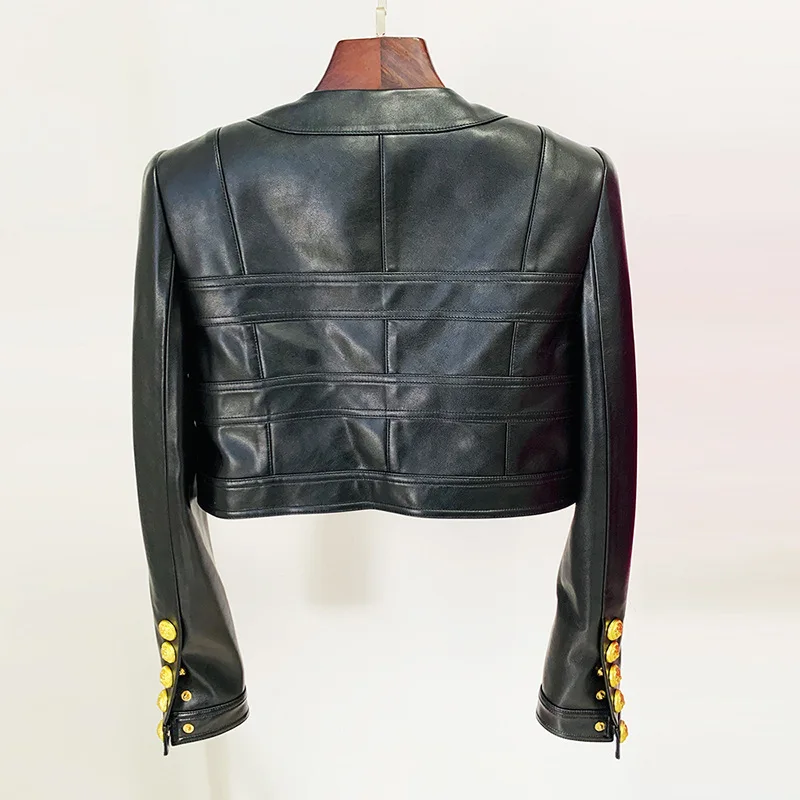 Short Leather Jacket, Fashionable and Cool Motorcycle Leather Jacket, 2023 New Round Neck Lion Button Decoration