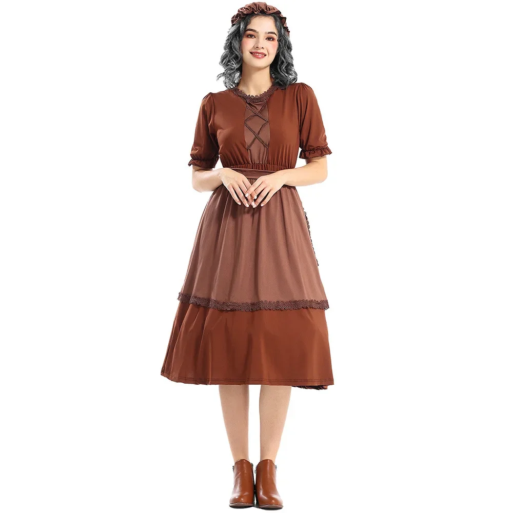 

Halloween Dress For Women Pioneer Clothing Set Colonial Costume Dark Brown Wolf Grandma Maid Costumes Party Role Play Dress Up