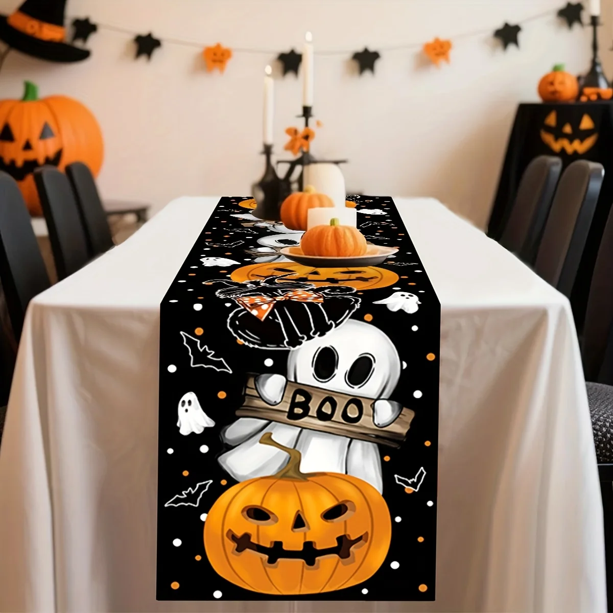 Halloween Cute Pumpkin Cat Table Runner Bat Cobweb BOO Print Polyester Table Flag Indoor Outdoor Kitchen Dining Home Festive Par