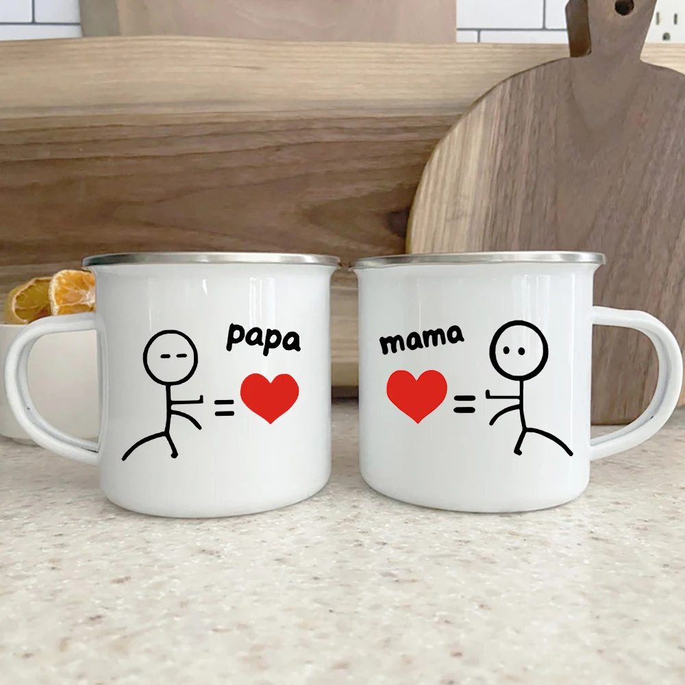 Papa Mama Personalized Enamel Coffee Cocoa Mugs Lovers Home Office Breakfast Dessert Milk Oat Cups Pregnancy Announcement Gifts