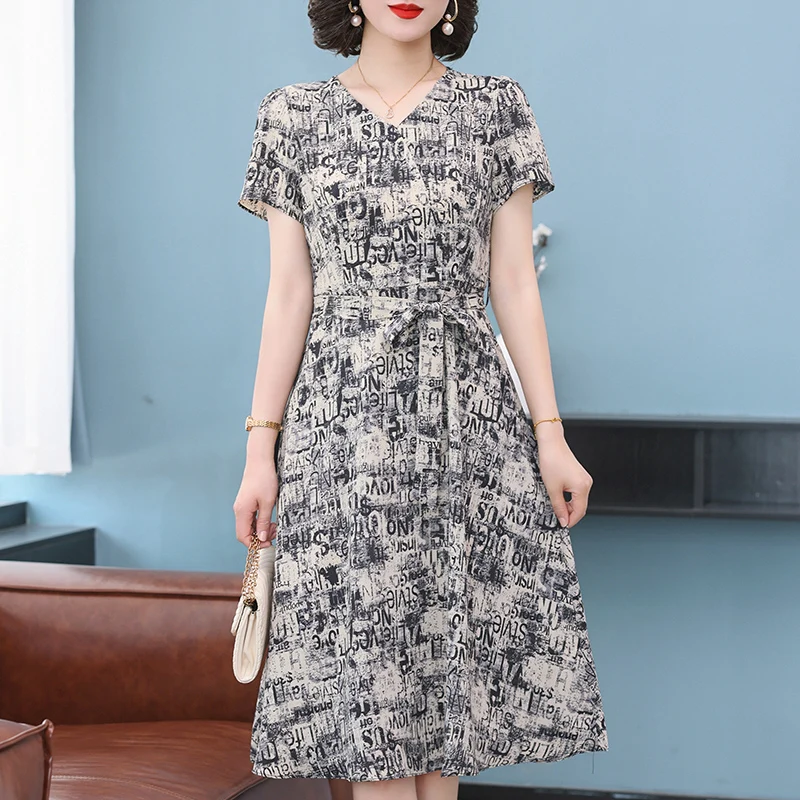 

Летнее модное шифоновое платье Ele для женщин среднего возраста, стройнящее, с V-образным вырезом, длинное, с рукавами-колокол, в корейском стиле