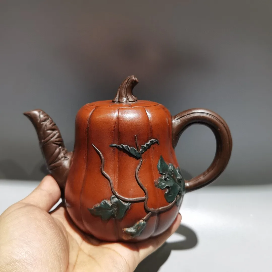 

7"Chinese yixing Purple clay Teapot Pot Pumpkin shaped Teapot kettle Flagon Office Amass wealth Ornaments Town house Exorcism