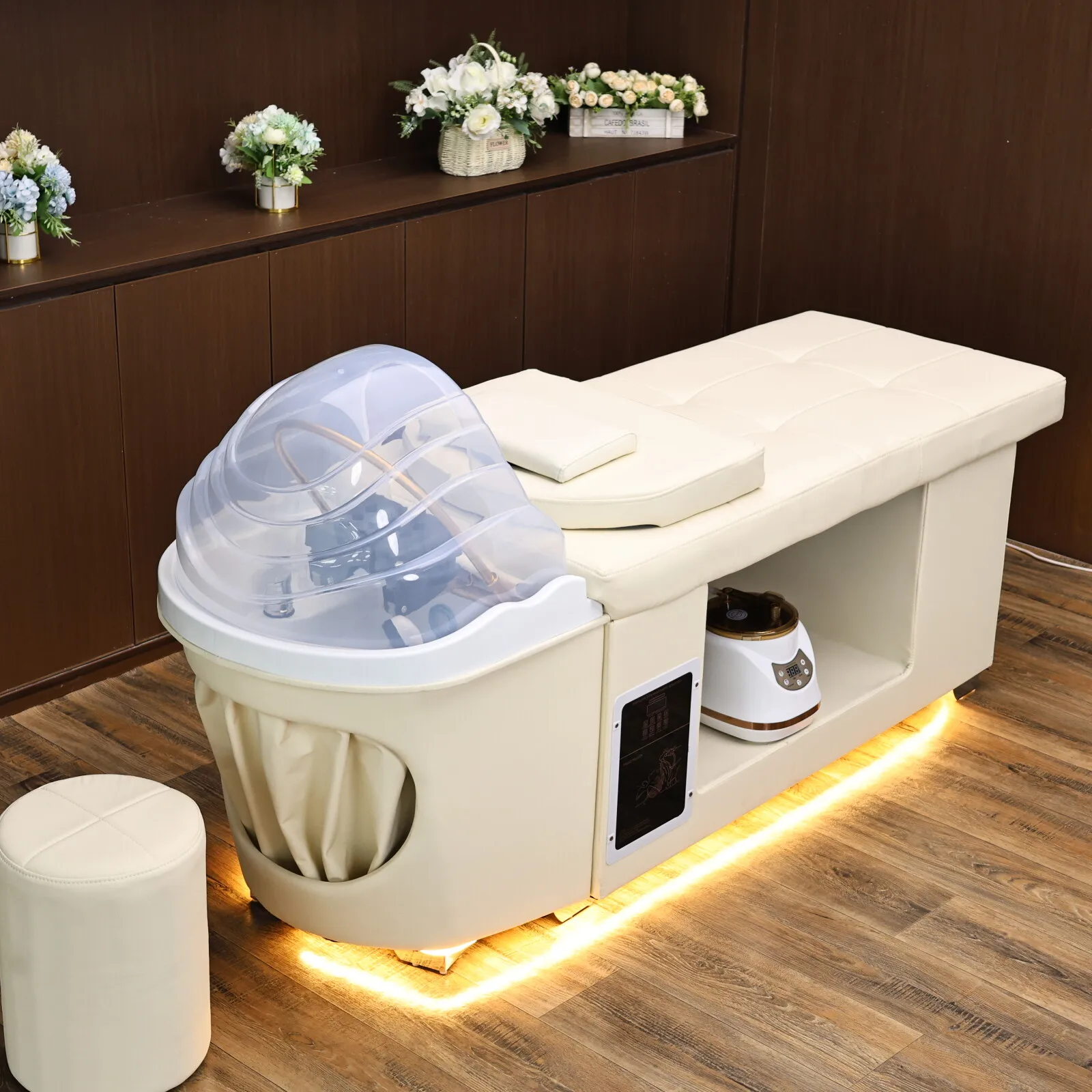 Shampoo Bed with Basin and Head Steamer 3 in 1 Hair Washing Massage Table LED Light Salon Spa Beauty Equipment with Stool