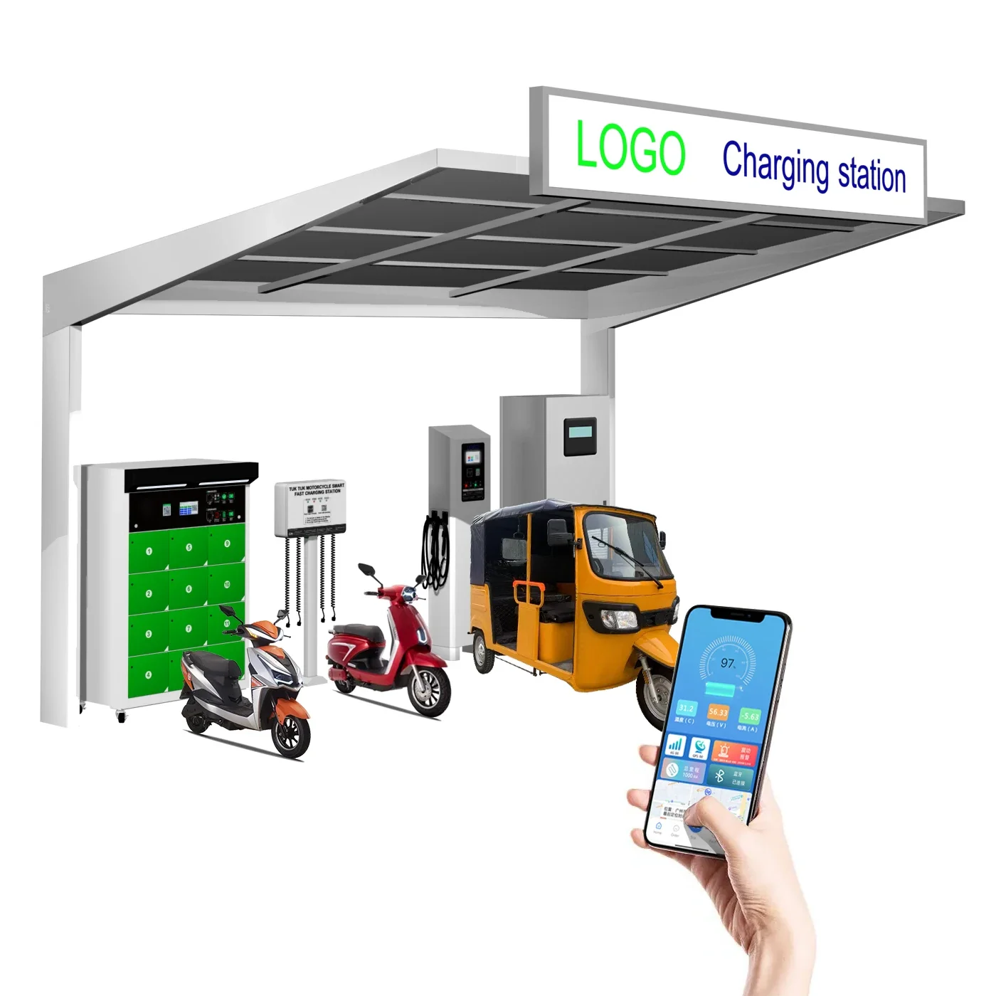 Solar Power Generation, Energy Storage, Charging Station, Battery Swap Station, Tuk Tuk, Tricycle, Electric Motorcycle