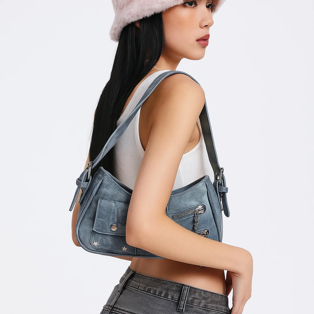

Trend Handbag Y2K Underarm Bag Rivet Star Spicy Girl Shoulder Bag Armpit Bag Retro Crossbody Bag Shopping