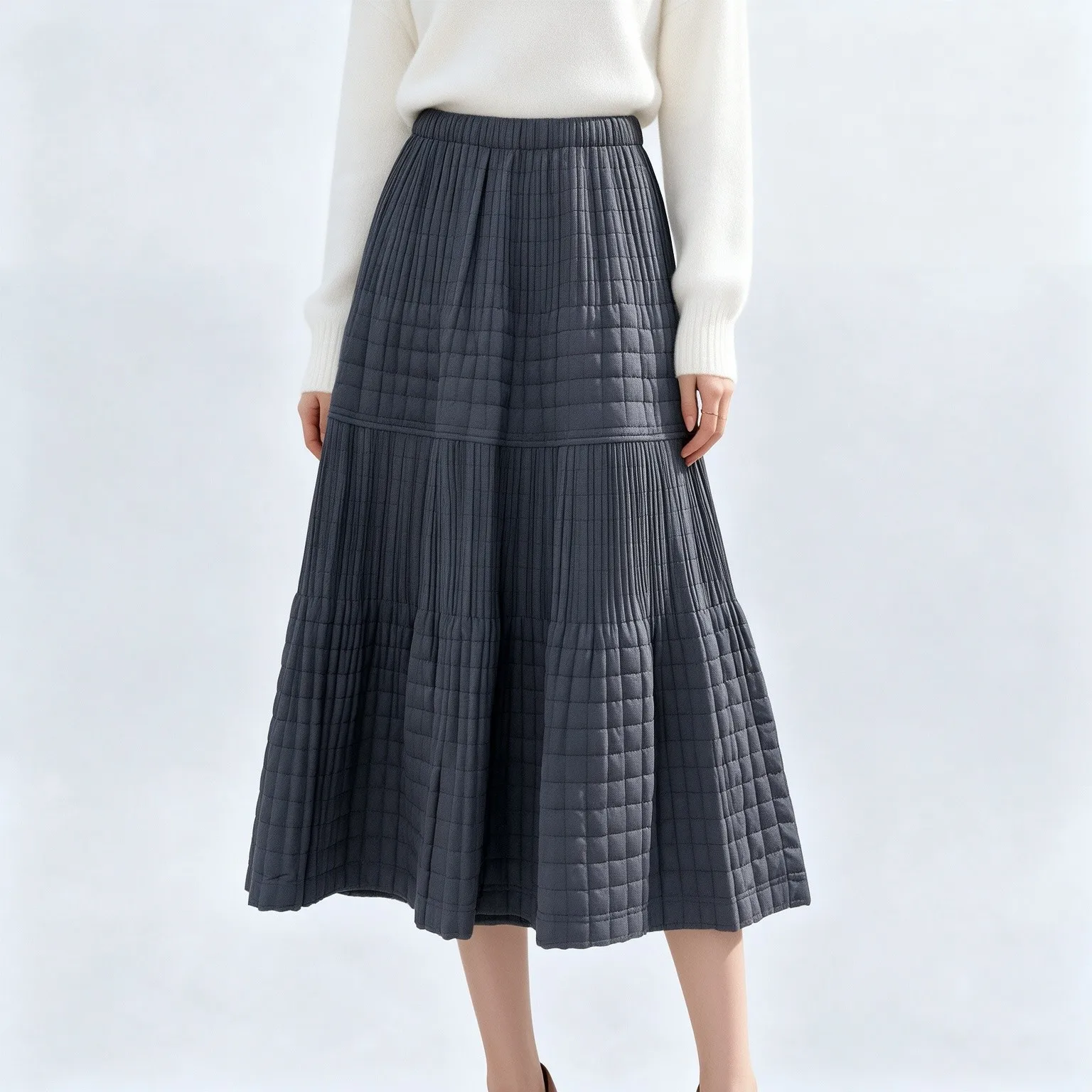 Miyake Women Quilted Pleated Midi Skirt Elastic High Waist Tiered A Line Long Skirt Autumn Winter Warm Casual Skirt