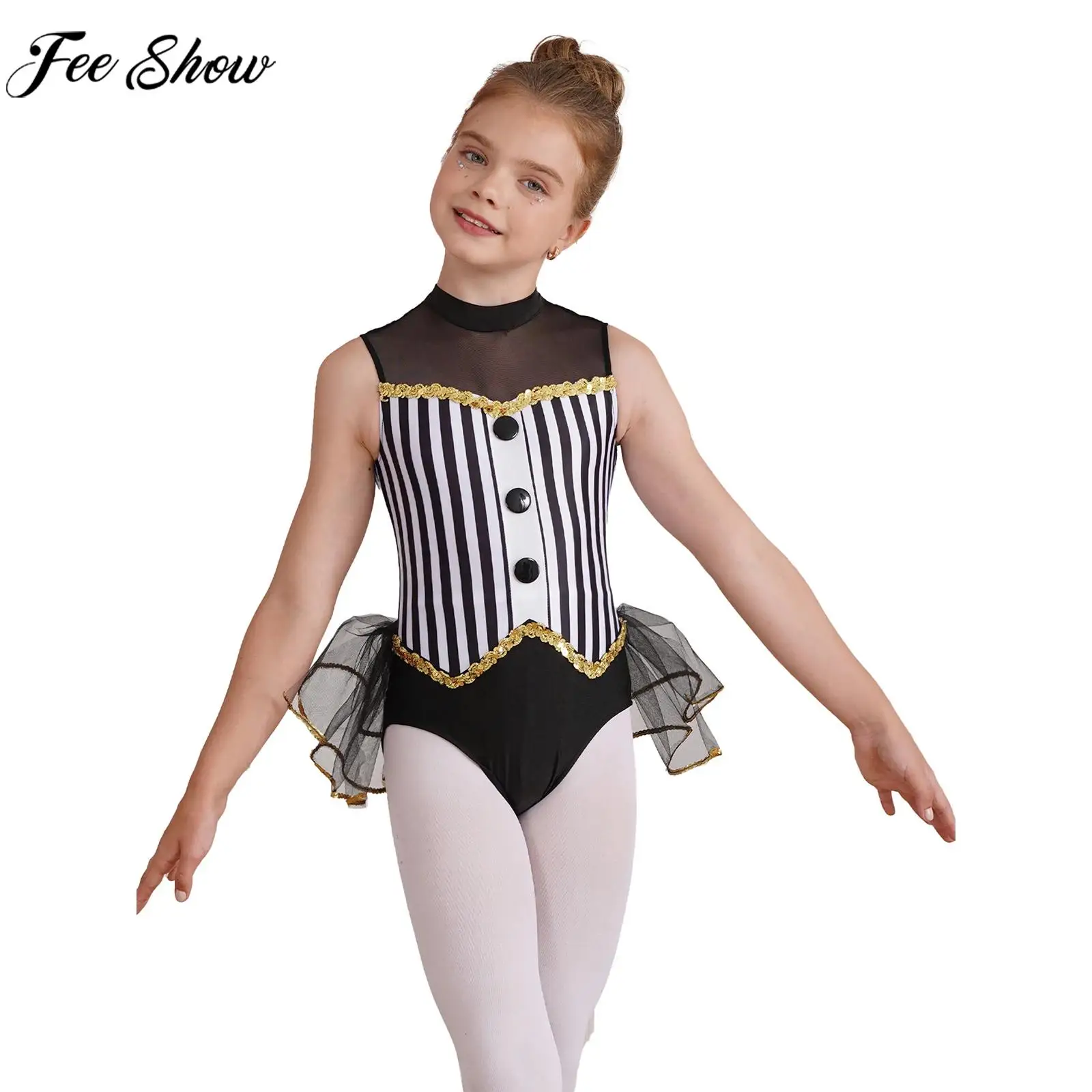 Kids Girls Sequin Striped Tutu Leotard Ballet Gymnastics Latin Jazz Dance Bodysuit Halloween Carnival Circus Cosplay Costume