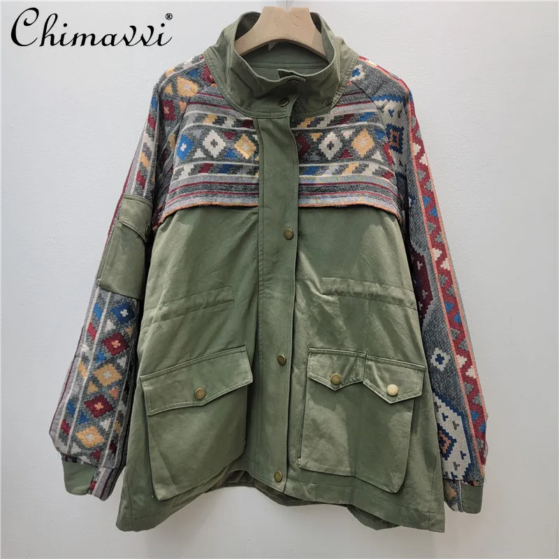 

Армейско-зеленая лоскутная рабочая куртка, женская мода, свободный кардиган с длинными рукавами, повседневная куртка с воротником-стойкой, весна-осень, новинка