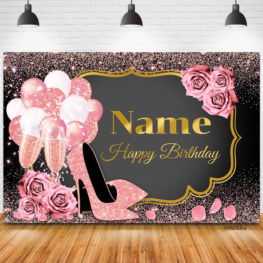 Custom Name Gold Happy Birthday Backdrop For She Rose Floral Golden Balloons Heels Champagne Background For Women Party Banner