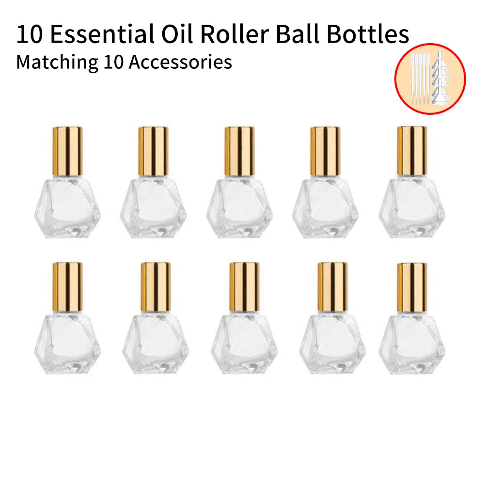 10PCS+10Accessories 8ml mini portable polygonal clear glass roller bottle with 10 roller bottles, 5 funnels, 5 droppers