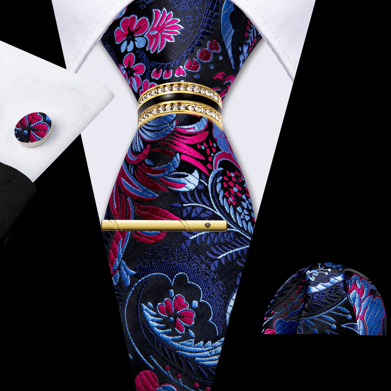 gravata-masculina-classica-vermelha-azul-marrom-floral-jacquard-moda-gravata-lenco-abotoadura-clipe-anel-conjunto-festa-de-casamento-evento