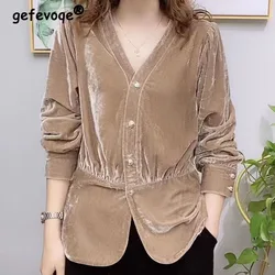 Women Vintage V-Neck Single-breasted Shirt Commuter Spring Autumn All-match Fashion Long Sleeve Solid Color Blouse for Female