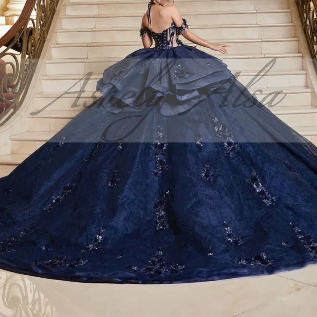 Customized Mexican Navy Blue Women Birthday Party Dress Prom Occasion Off Shoulder Illusion Flower Puffy Sweet 15 16 Quinceanera