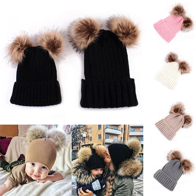 Cute Winter Mom Women Baby Kids Crochet Knitted Hat Caps Children Girl Boy Wool Fur Bobble Ball Pompom Beanies Hats pompom