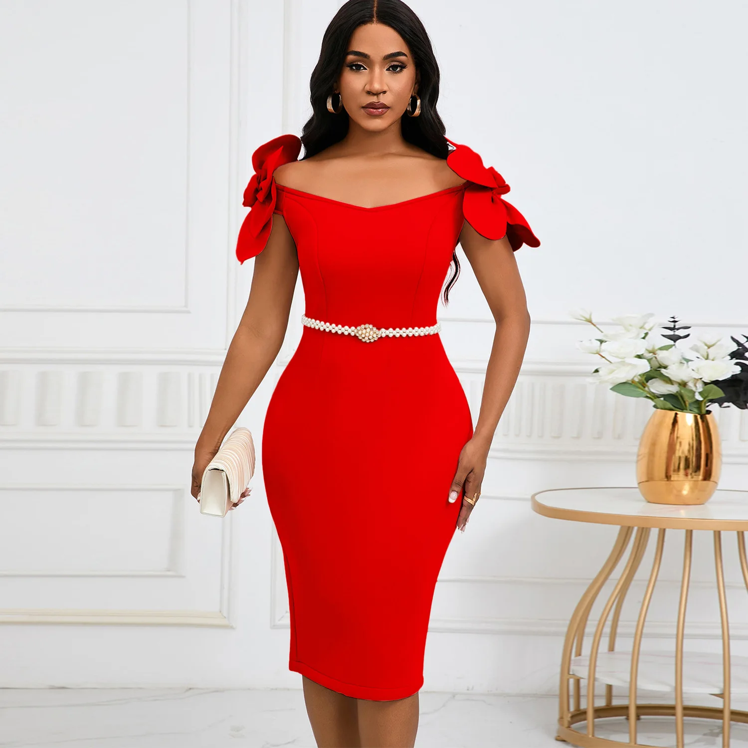 Women's Temperament Three-dimensional Flower Elegant Banquet Dress Hip Dress