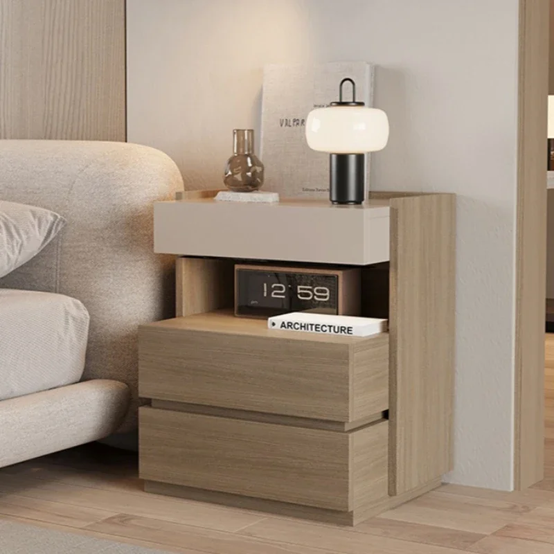 Minimalist Solid Wood Bedside Table, Bedroom Household Simple Modern Small Bedside Storage Cabinet, Three-layer High Cabinet