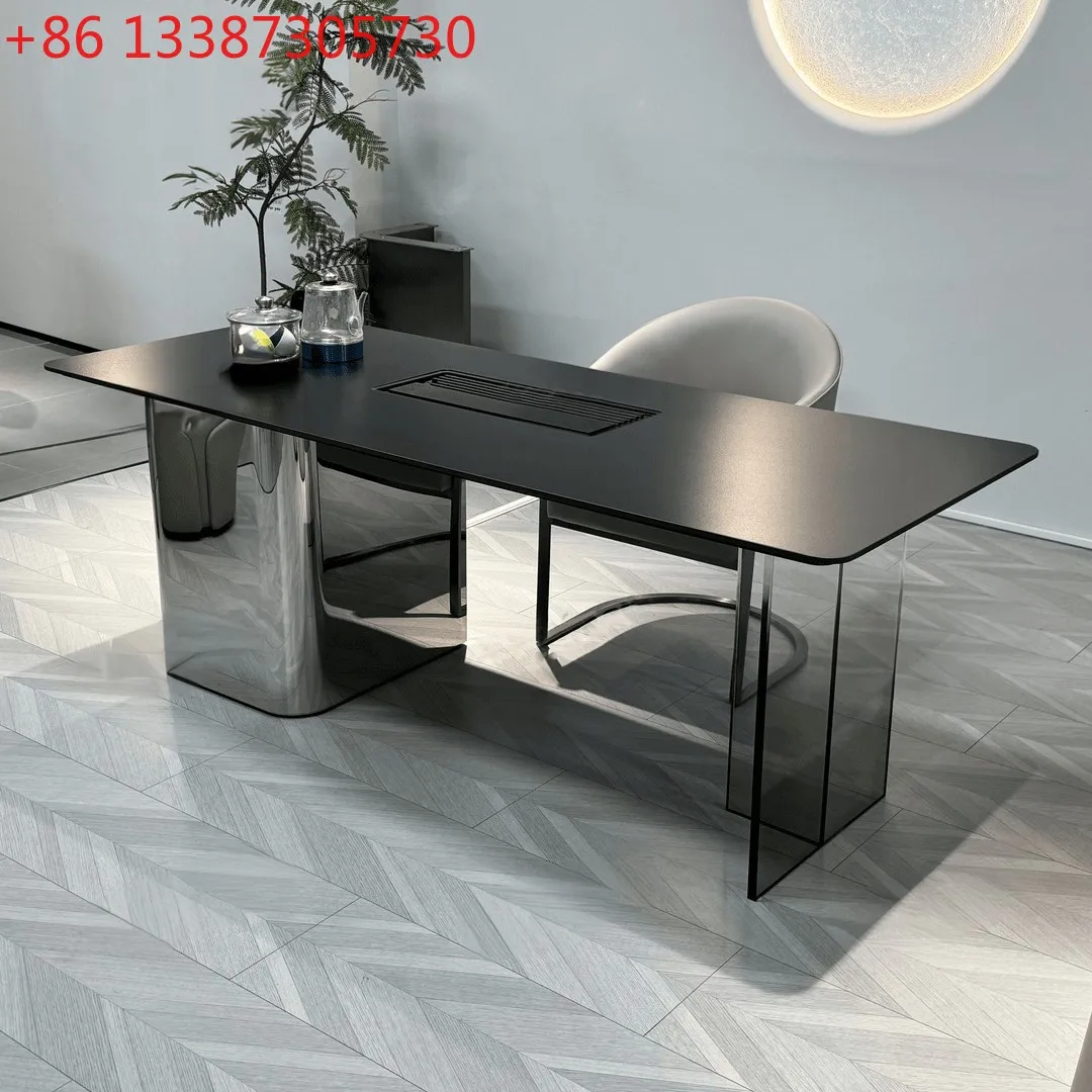 

Light luxury rock slab balcony tea table creative stainless steel office tea table