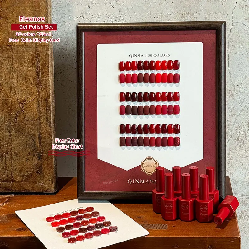

Набор гель-лаков Eleanos Christmas Red, 30 цветов, новогодний красный, с карточкой цветов, для салонов красоты, с блестками, смываемый, УФ-гель