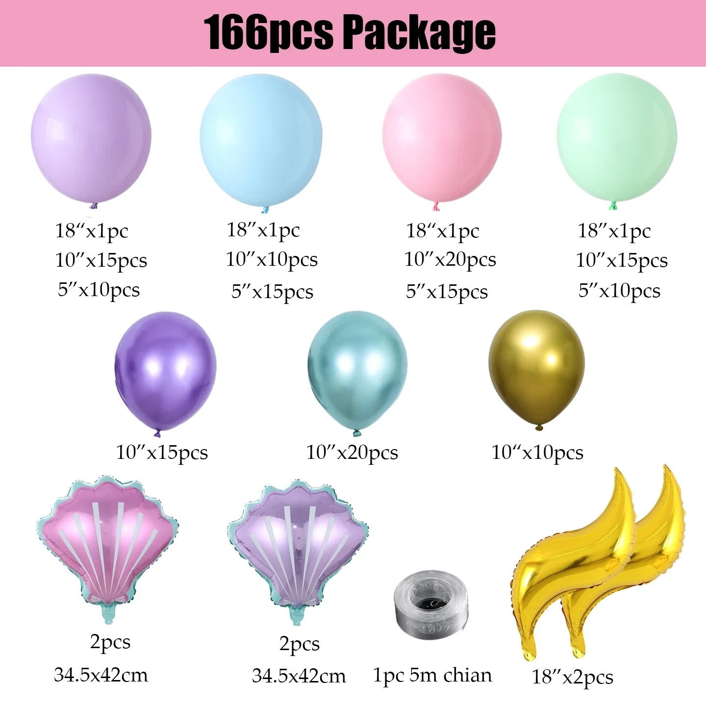 166pcs Mermaid Tail Shell Balloon Arch Macaron Pink Latex Ballon Baby Shower Princess Birthday Under the Sea Party Wedding Decor