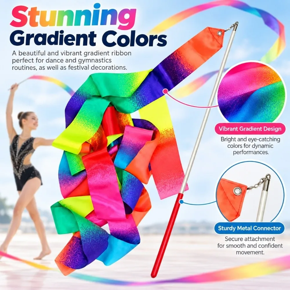 2M/4M/6M Rhythmic Gymnastics Equipment Stick Rainbow Color with Stick Sparkling Performance Props Gradient Gymnastics Ribbon