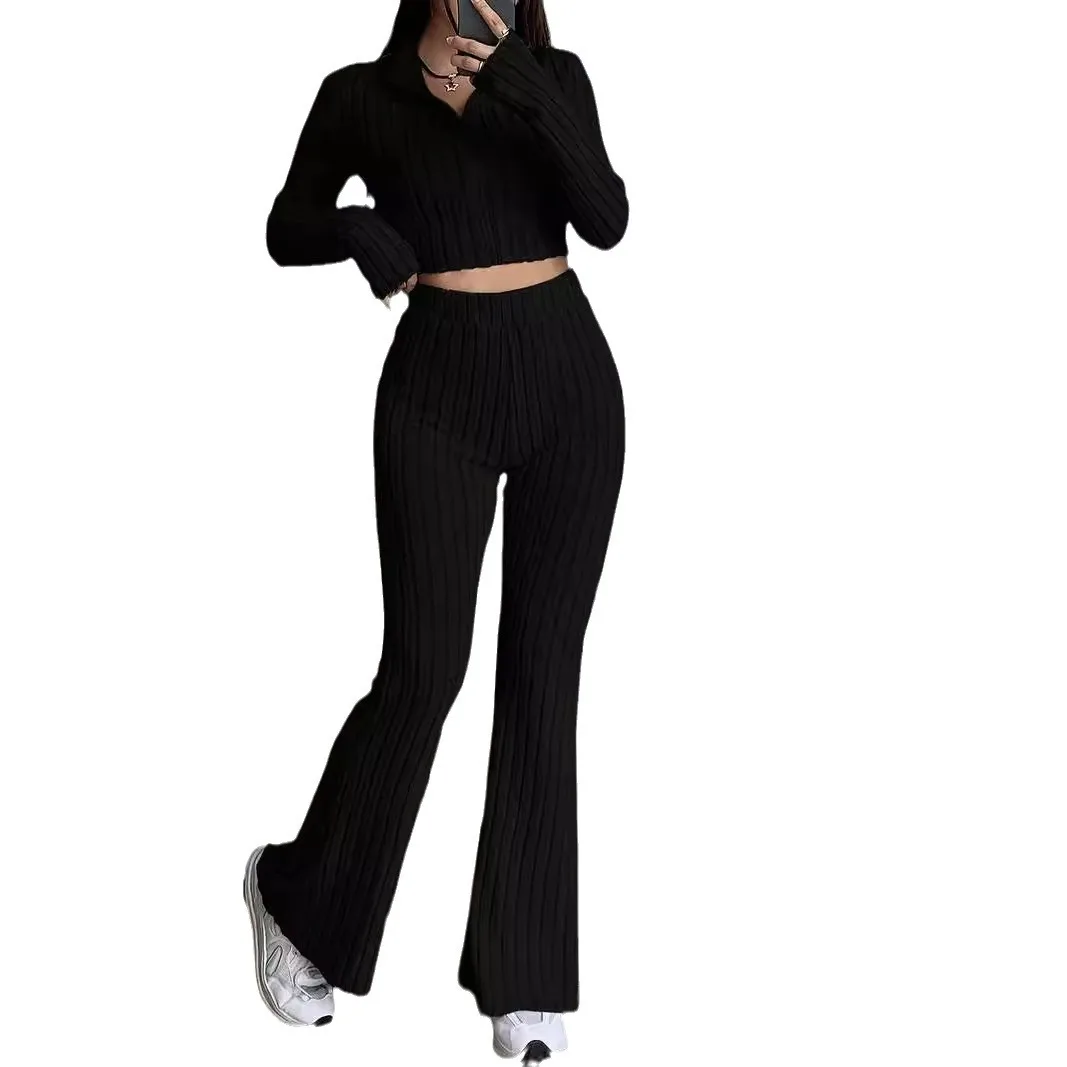 Twee Stukken Vrouwen Broek Sets Casual Bijpassende Sets Effen Rits Lange Mouwen Korte Losse Top Empire Taille Flare Broek 2025, Herfst