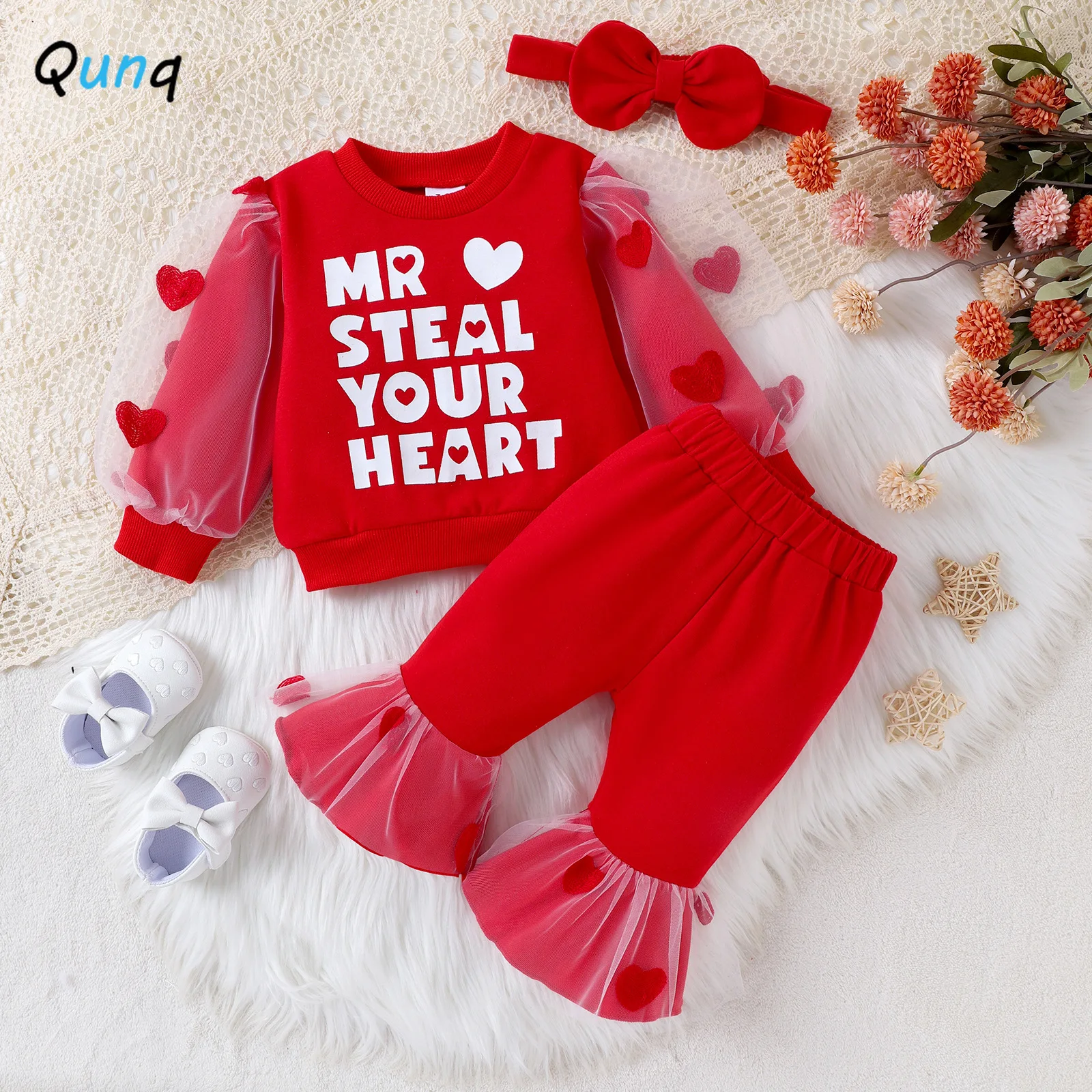 

Qunq 2023 Autumn Winter Girls O Neck Mesh Patchwork Long-sleeved Top + Bell-bottoms 2 Pieces Set Casual Kids Clothes Age 0T-2T