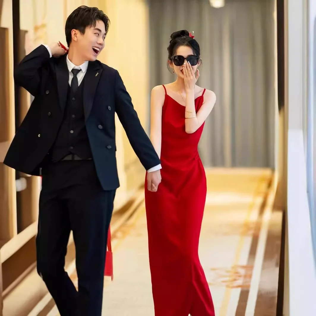 

Красное свадебное платье 2024: Новое вечернее платье без бретелек, элегантное, стройнящее, для помолвки, длинное, в пол