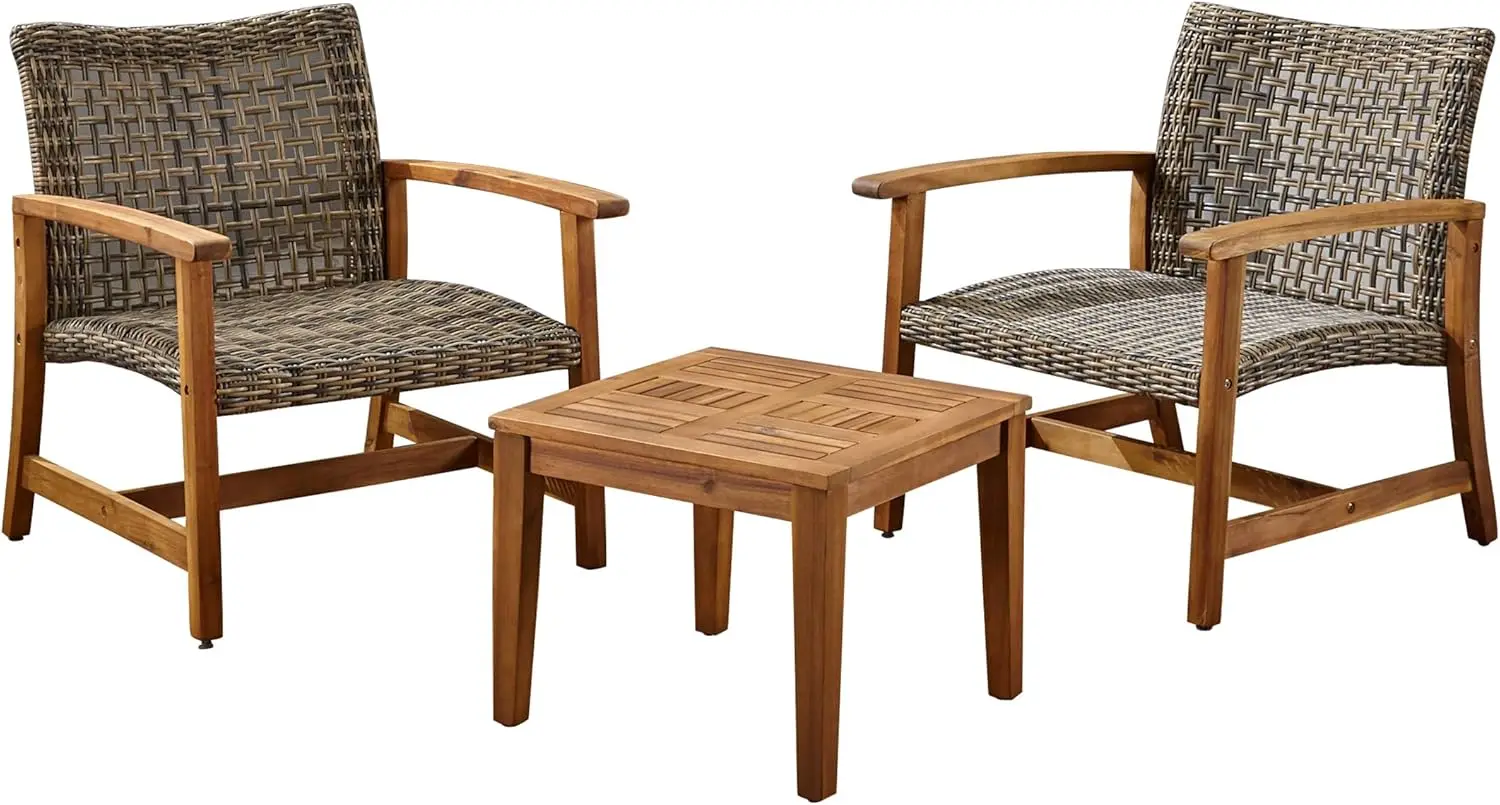 Outdoor 3 Piece Wood and Wicker Club Chairs and Side Table Set