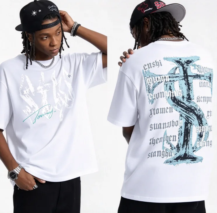 2026 new Dual‑Sided Gothic Distressed Letter City‑List Graphic Print High‑Quality Comfort Loose Street‑Style Short‑Sleeve Tee