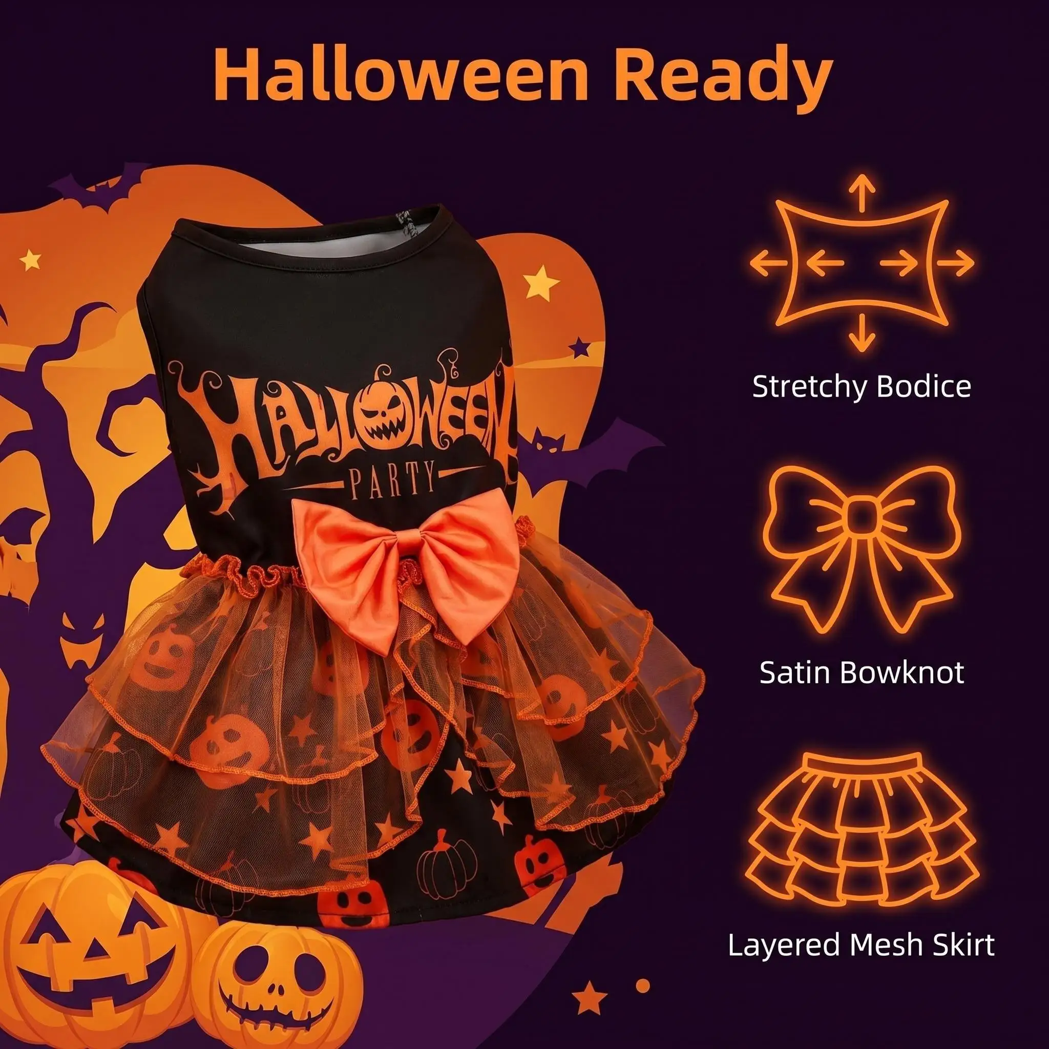 Halloween-Party-Hunde-Tutu-Kleid, Kürbis-Orange, Schleife, Tüllrock, Haustier-Cosplay-Kostüm, Kleidung für kleine, mittelgroße Hunde, Katzen, Welpen – Detail 4