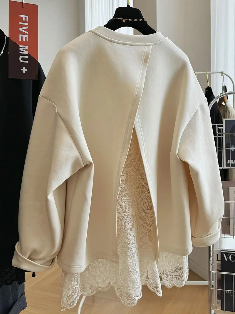 New Style Lace Splicing Fake Two-piece Pullover O Neck Sweatshirt For Women Spring Autumn Loose Top Fashion Casual Solid Hoodie