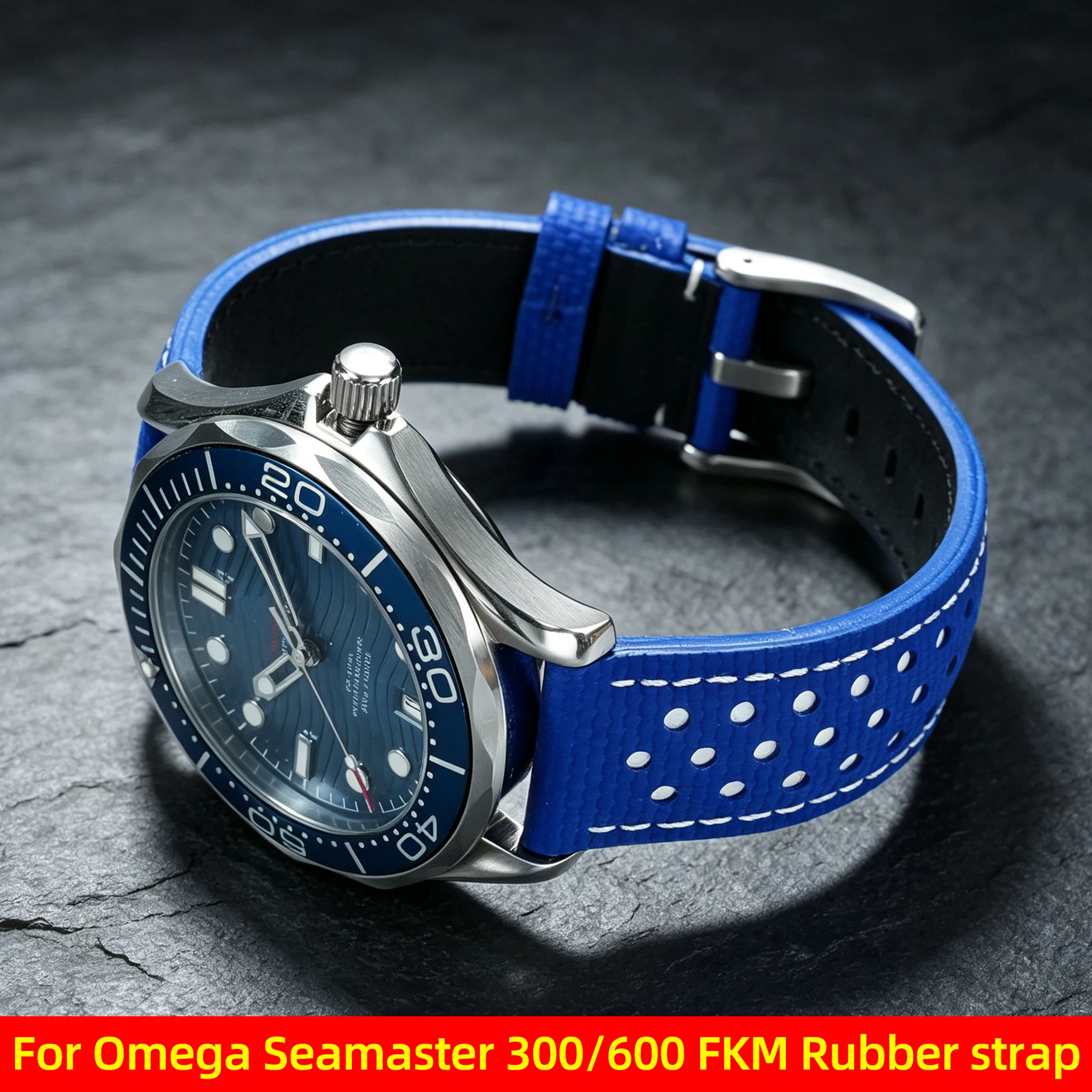 20mm 22mm FKM Fluorine Rubber Watch Band For Omega Seamaster 300 600 Breathable Calfskin Back Waterproof Strap Accessories