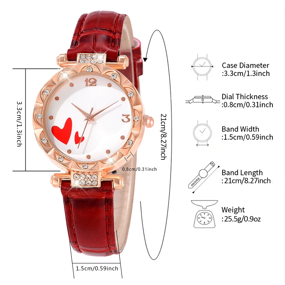 Red Women Watch 5PCS/Set Leather Strap Quartz Wristwatch Red Heart Laser Face Dial Watch Heart Alloy Jewelry Set Gift For Mom