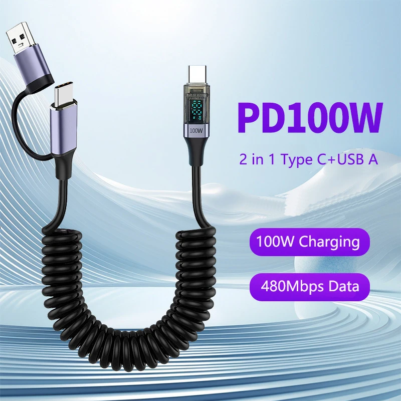 PD 100W Spring Coiled Type C Fast Charging Cable 2 in 1 USB A/Type-C To USB C Data Cabo Digital Display For iphone16 Huawei