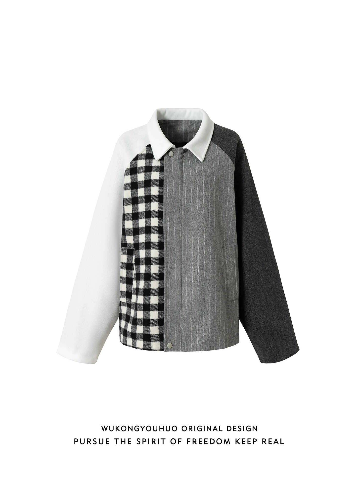 

Casual Men's Plaid Patchwork Design Collar Jaet Loose Fit Versatile Outdoor Spring Autumn Zipper Closure Youth Faion