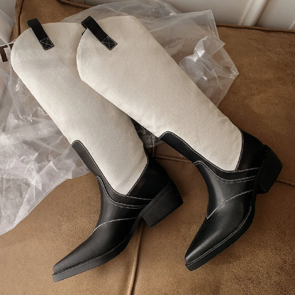 

danxuefei women's genuine leather canvas patchwork pointed toe slip-on autumn knee high boots 2023 autumn new long boots shoes