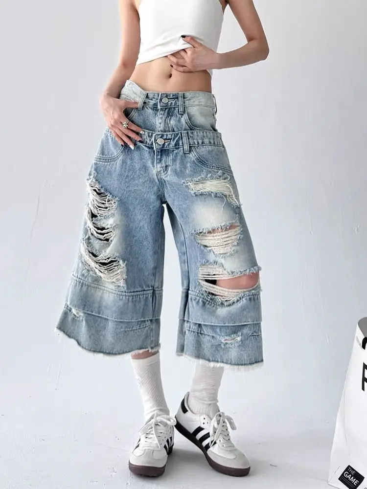 Retro American Washed Ripped Straight Denim Jeans Damen Design Hohe Taille Lose Weite Beinhose Knielange Baggy Jeans