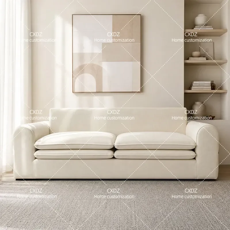 Cream Fabric Removable Sofa Modern Simple Straight Row Cloud Design for Living Room Small Apartment Bedroom Wabi Sabi Style