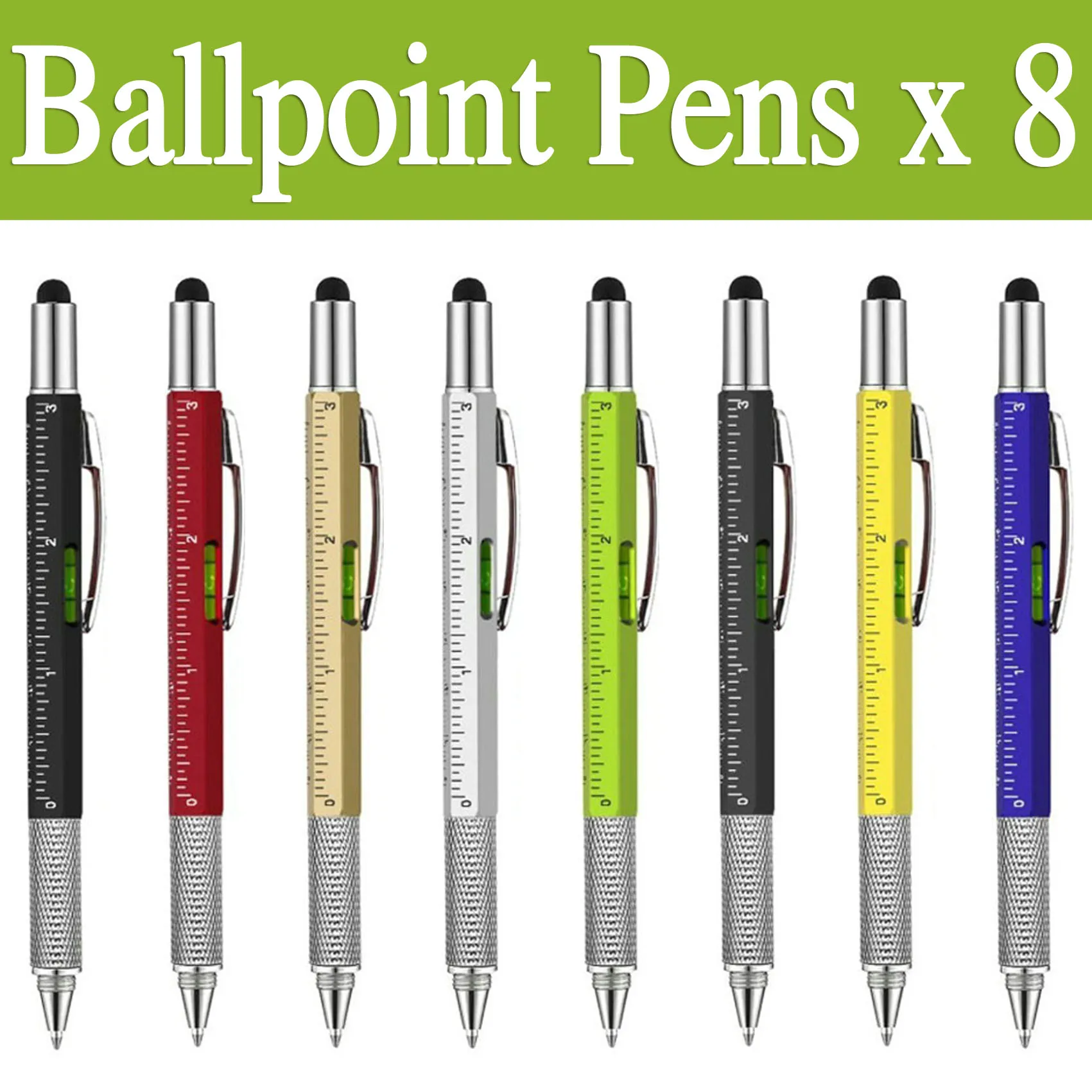 

8Pcs Multifunction Ballpoint Pen with Modern Handheld Tool Measure Technical Ruler Screwdriver Touch Screen Stylus Spirit Level