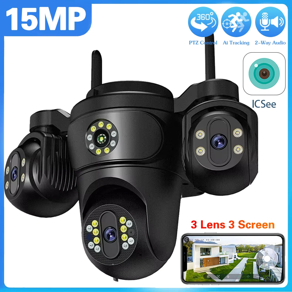 

Three Screen Three Lens 15MP HD WIFI IP Camera 10MP Dual Lens Camera Auto Tracking IP66 Waterproof CCTV Video Security Cam iCsee